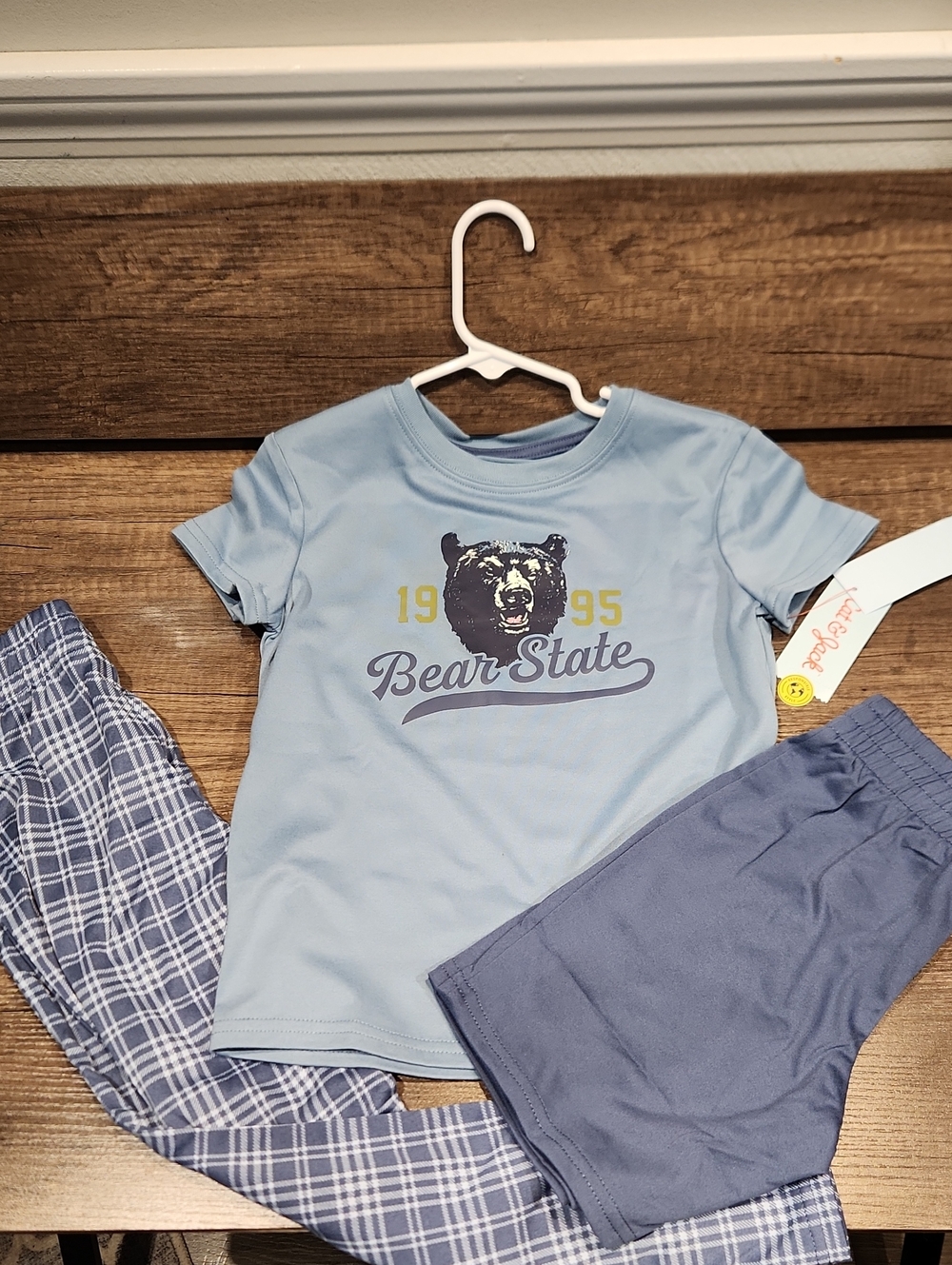 NWT Cat & Jack Bear State Light Blue Boys' Pajama Set - Plaid Pants Sz XS (4/5)